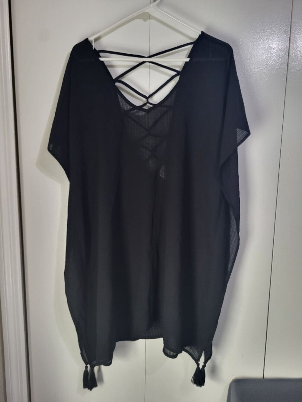 Kona Sol Womens LG Black Semi Sheer Beach Swimsuit Coverup Tunic Tassel Resort